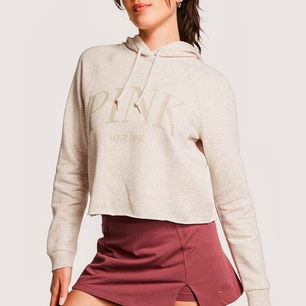 Victoria's Secret PINK Heather Oatmeal EVERYDAY FLEECE CROPPED HOODIE Sz XS NEW